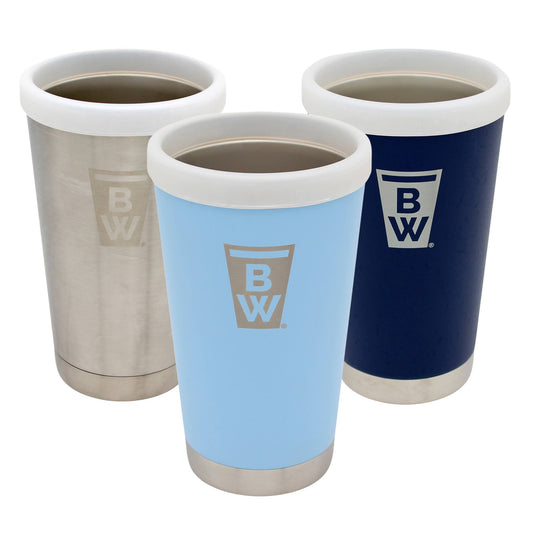 20 oz. 6PINT tumblers, vacuum-insulated stainless steel with silicone rim guard, available in stainless, navy blue and light blue